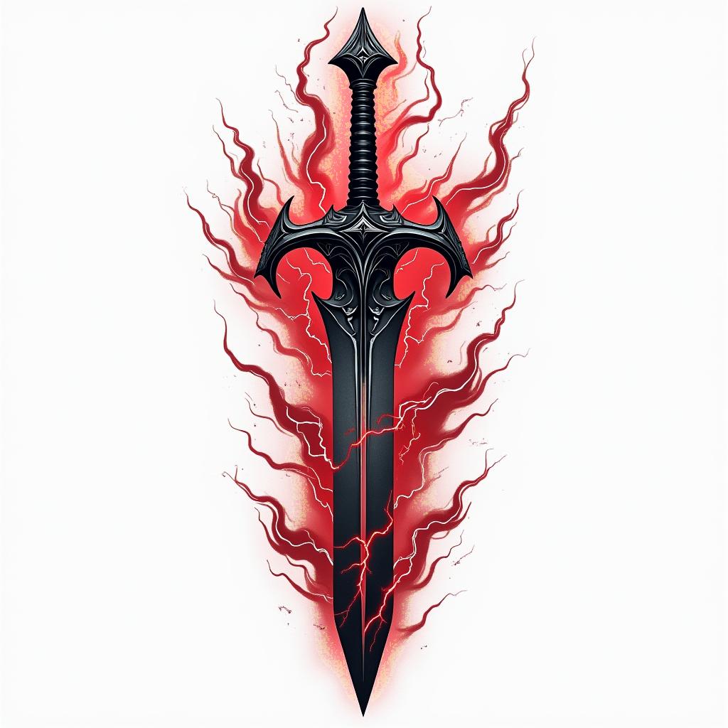 A tattoo design featuring a dark, stylized sword surrounded by intense, swirling thunder and lightning, embodying themes of pride and anger. The color palette focuses on deep blacks and vibrant reds, creating a striking contrast that represents the powerful emotions connected to the symbolism.higly detailed tattoo - Variation 3
