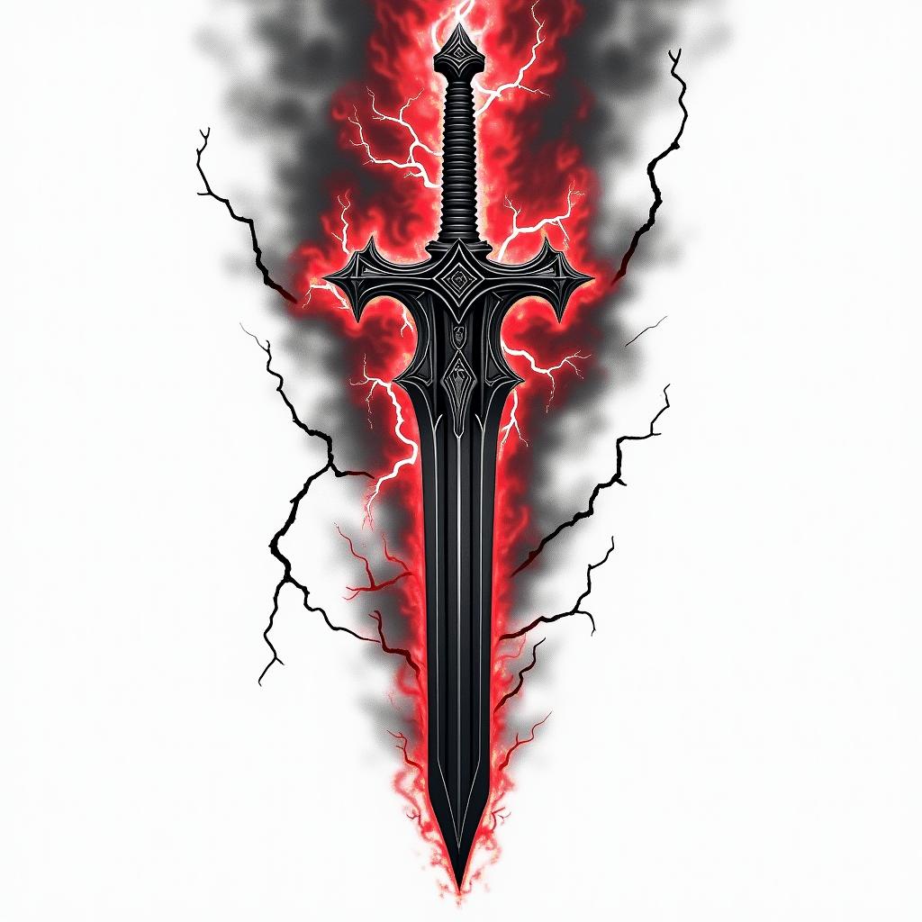 A tattoo design featuring a dark, stylized sword surrounded by intense, swirling thunder and lightning, embodying themes of pride and anger. The color palette focuses on deep blacks and vibrant reds, creating a striking contrast that represents the powerful emotions connected to the symbolism.higly detailed tattoo
