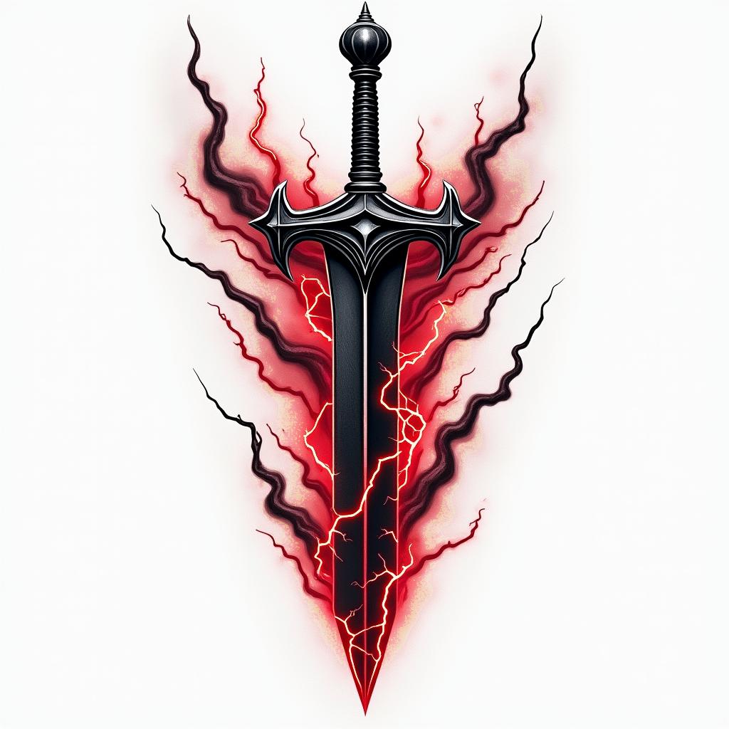 A tattoo design featuring a dark, stylized sword surrounded by intense, swirling thunder and lightning, embodying themes of pride and anger. The color palette focuses on deep blacks and vibrant reds, creating a striking contrast that represents the powerful emotions connected to the symbolism.higly detailed tattoo - Variation 2