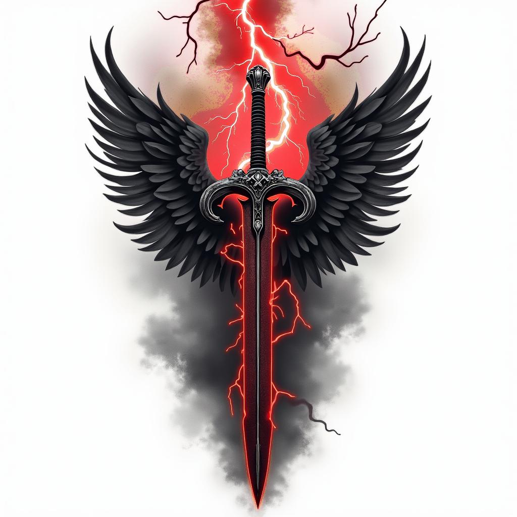 A tattoo design featuring a dark, stylized sword surrounded by intense, swirling thunder and lightning, embodying themes of pride and anger. The color palette focuses on deep blacks and vibrant reds, creating a striking contrast that represents the powerful emotions connected to the symbolism.higly detailed tattoo - Variation 4