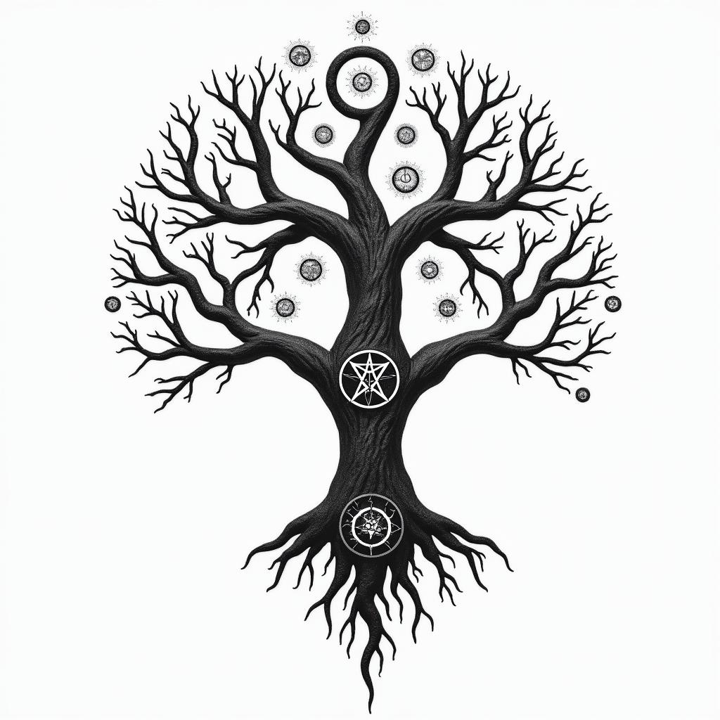 At tree of life like home tree from avatarin paganic style tattoo, featuring ancient symbols, add vegvisir symbol, mystical figures, incorporating designs, pentagrams, runes, crescent moons, - Variation 3