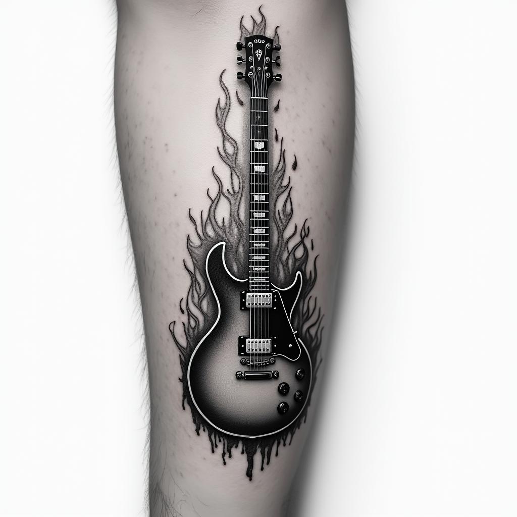 guitar on fire burning on arm tattoohigly detailed tattoo - Variation 3