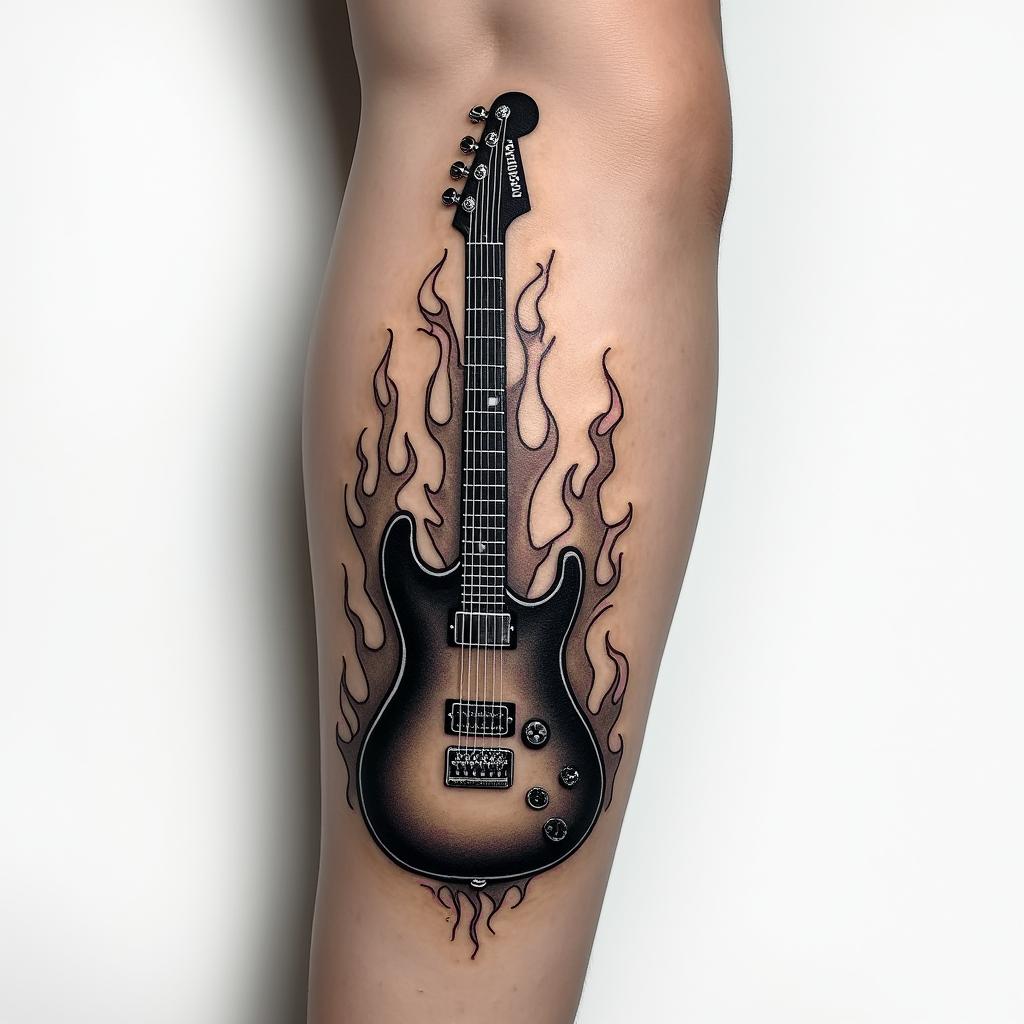 guitar on fire burning on arm tattoohigly detailed tattoo - Variation 2
