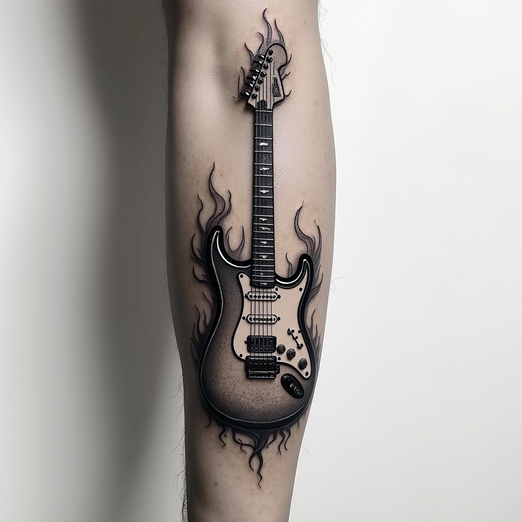 guitar on fire burning on arm tattoohigly detailed tattoo