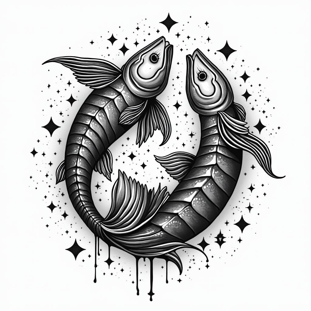 Constellation of the sign of Pisces combined with nature, mysticismin graffiti style tattoo, featuring bold and dynamic street art elements, spray-paint texture with exaggerated lines and expressive, chaotic brushstrokes, intricate lettering incorporated with graffiti tags, symbols like hearts, stars, and wings - Variation 4