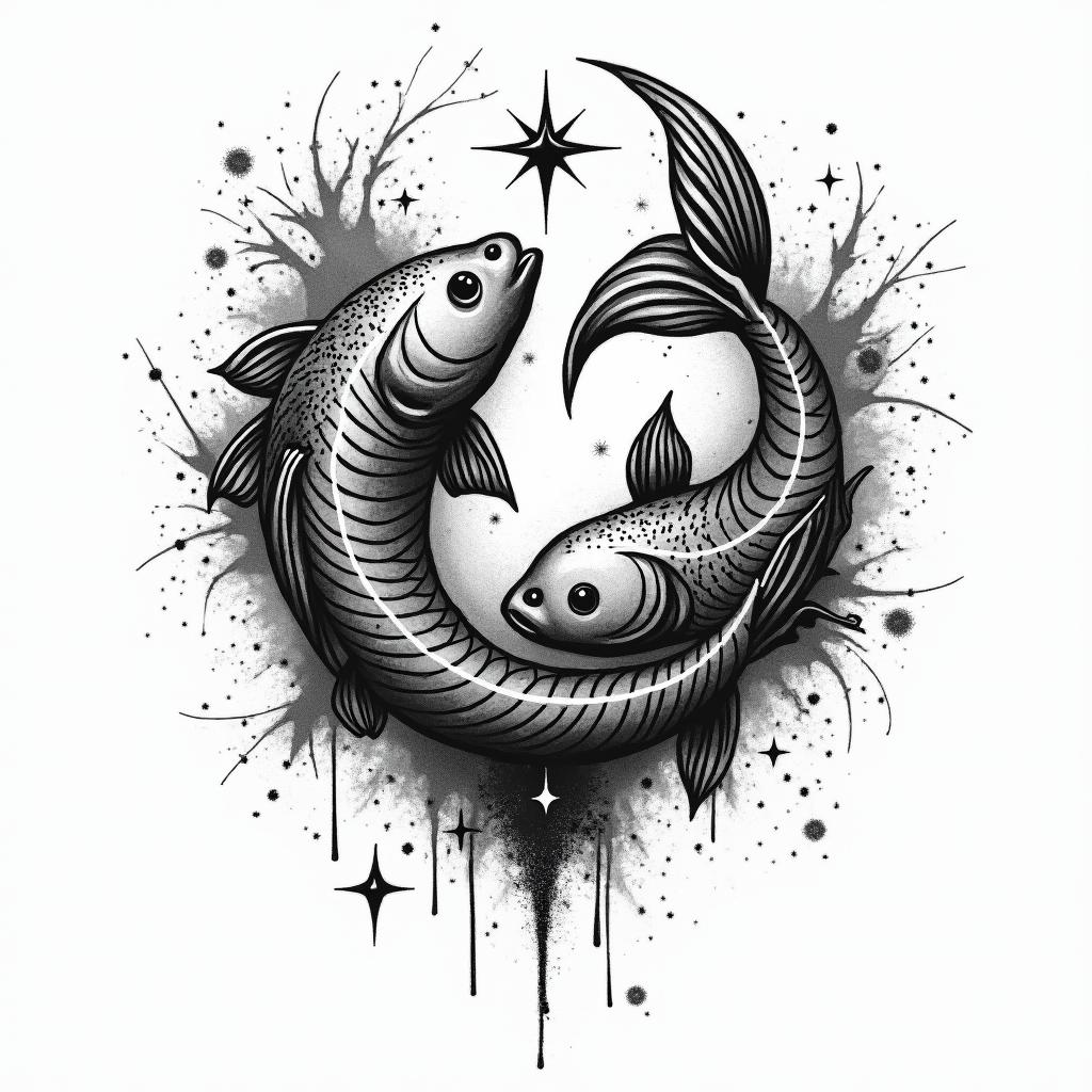 Constellation of the sign of Pisces combined with nature, mysticismin graffiti style tattoo, featuring bold and dynamic street art elements, spray-paint texture with exaggerated lines and expressive, chaotic brushstrokes, intricate lettering incorporated with graffiti tags, symbols like hearts, stars, and wings - Variation 2