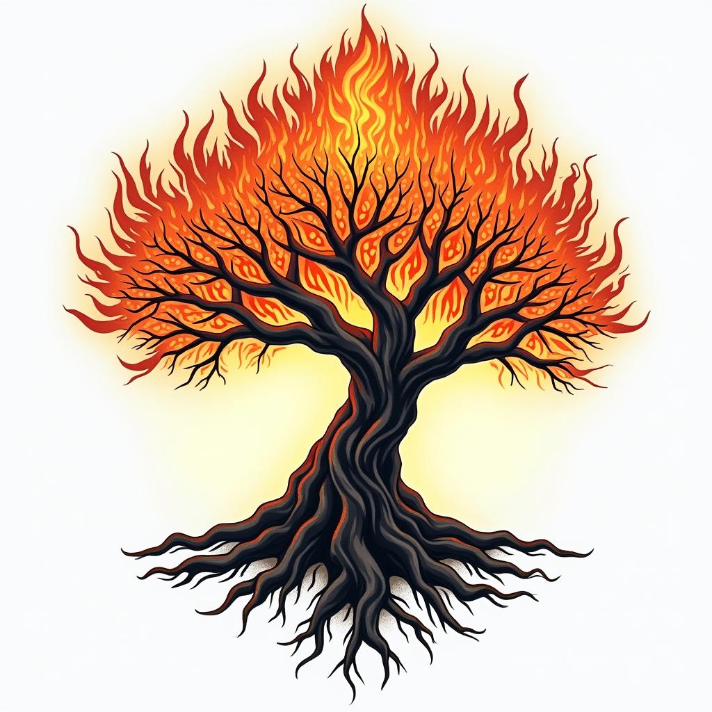 At tree of life like home tree from avatarin flame tattoo style showcasing fiery elements with dynamic flame patterns, glowing effect of flames, natural colors - Variation 3