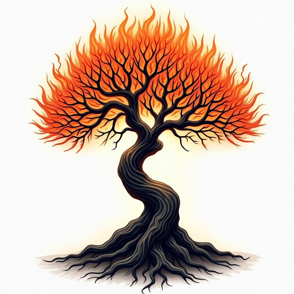 At tree of life like home tree from avatarin flame tattoo style showcasing fiery elements with dynamic flame patterns, glowing effect of flames, natural colors - Variation 4