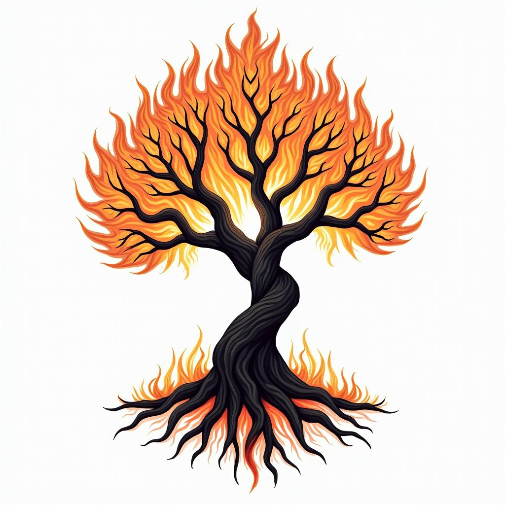 At tree of life like home tree from avatarin flame tattoo style showcasing fiery elements with dynamic flame patterns, glowing effect of flames, natural colors - Variation 2