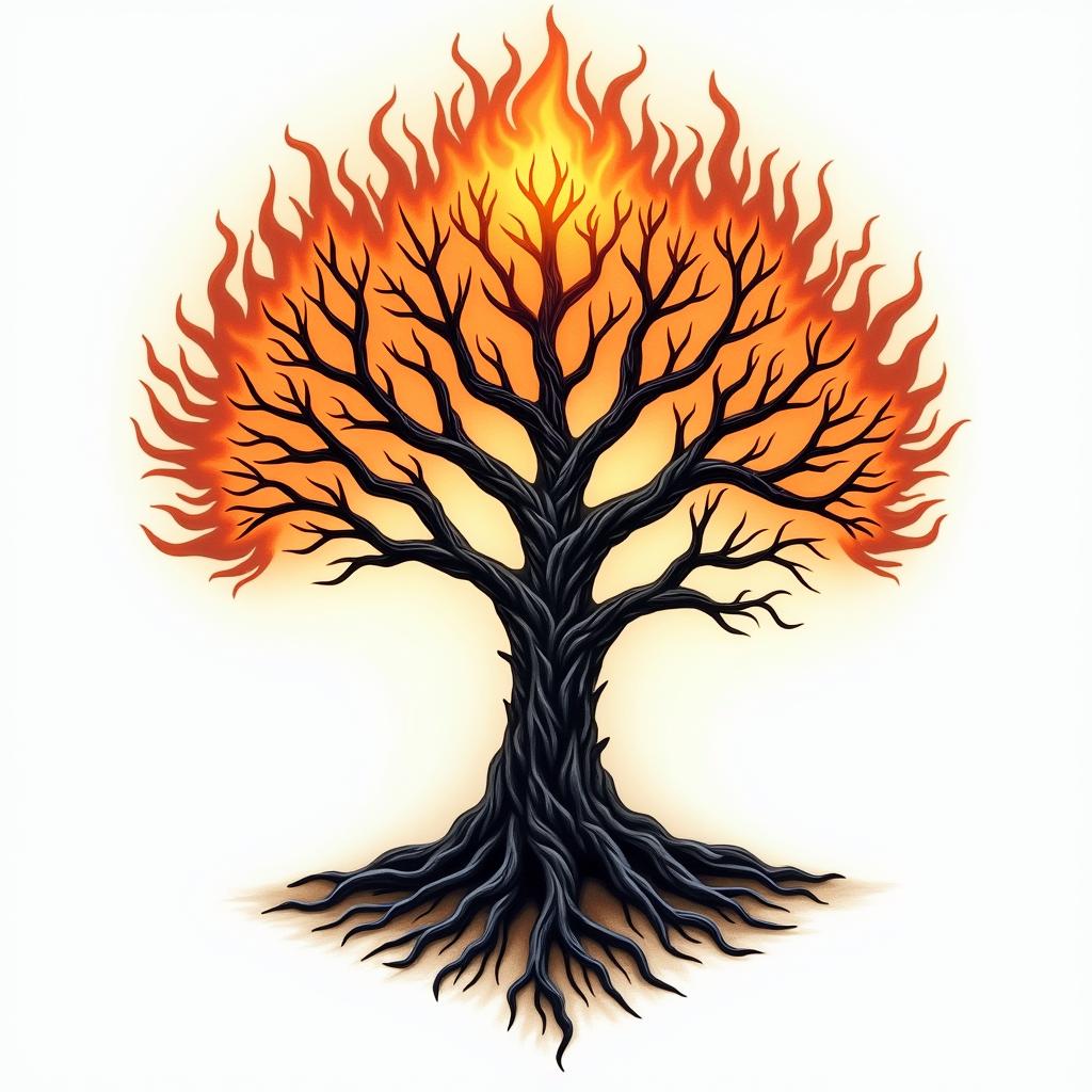 At tree of life like home tree from avatarin flame tattoo style showcasing fiery elements with dynamic flame patterns, glowing effect of flames, natural colors