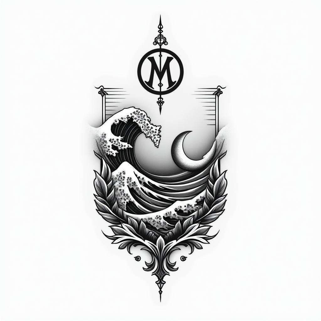 An abstract tattoo design featuring ocean waves and elements symbolizing pride and happiness, coupled with stylized initials or a family crest, representing family and cherished beach memories, with no specific color palette.higly detailed tattoo