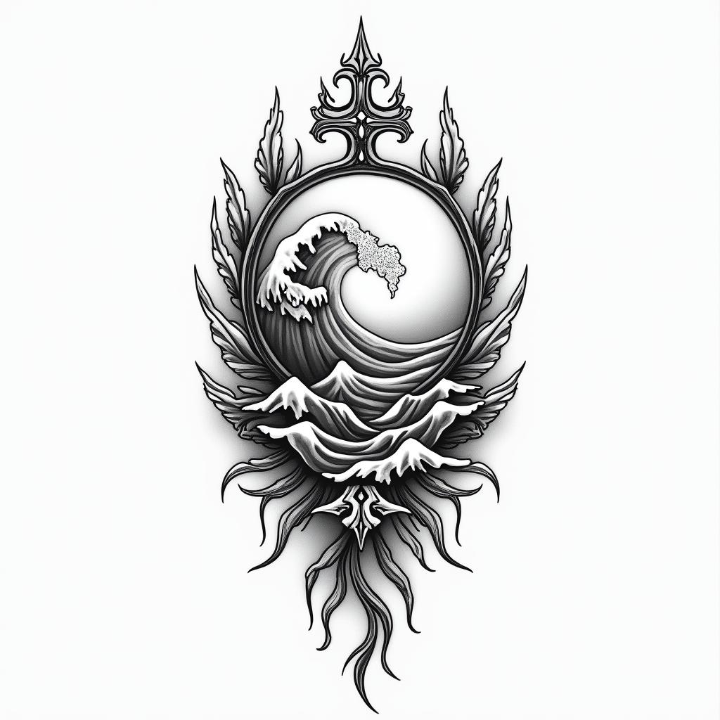 An abstract tattoo design featuring ocean waves and elements symbolizing pride and happiness, coupled with stylized initials or a family crest, representing family and cherished beach memories, with no specific color palette.higly detailed tattoo - Variation 3