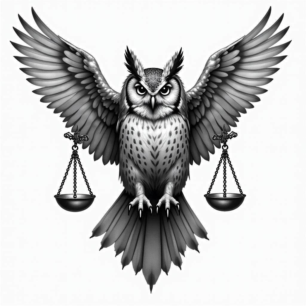 A realistic tattoo depicting a wise owl symbolizing wisdom, intertwined with elements representing justice, such as scales or a gavel, reflecting a defense attorney's victories in oral homicide trials.higly detailed tattoo - Variation 2