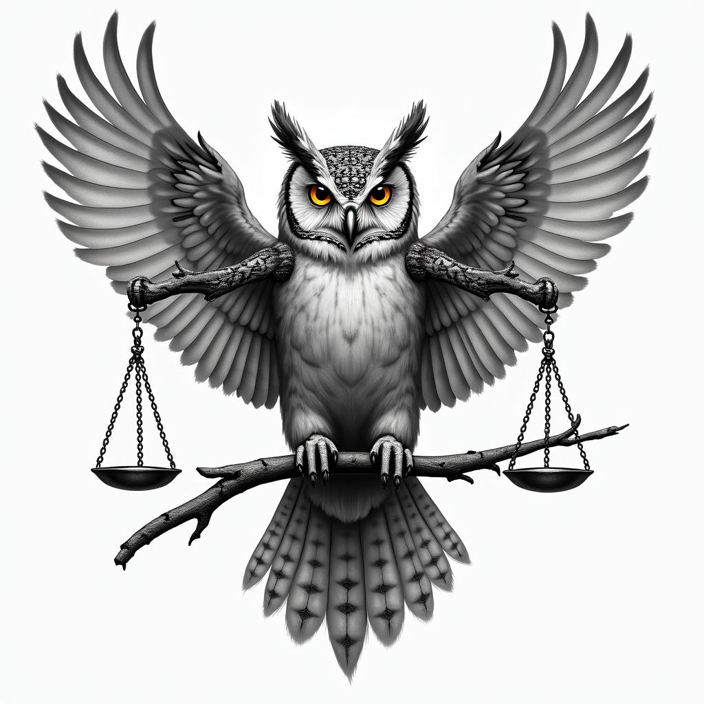 A realistic tattoo depicting a wise owl symbolizing wisdom, intertwined with elements representing justice, such as scales or a gavel, reflecting a defense attorney's victories in oral homicide trials.higly detailed tattoo - Variation 3
