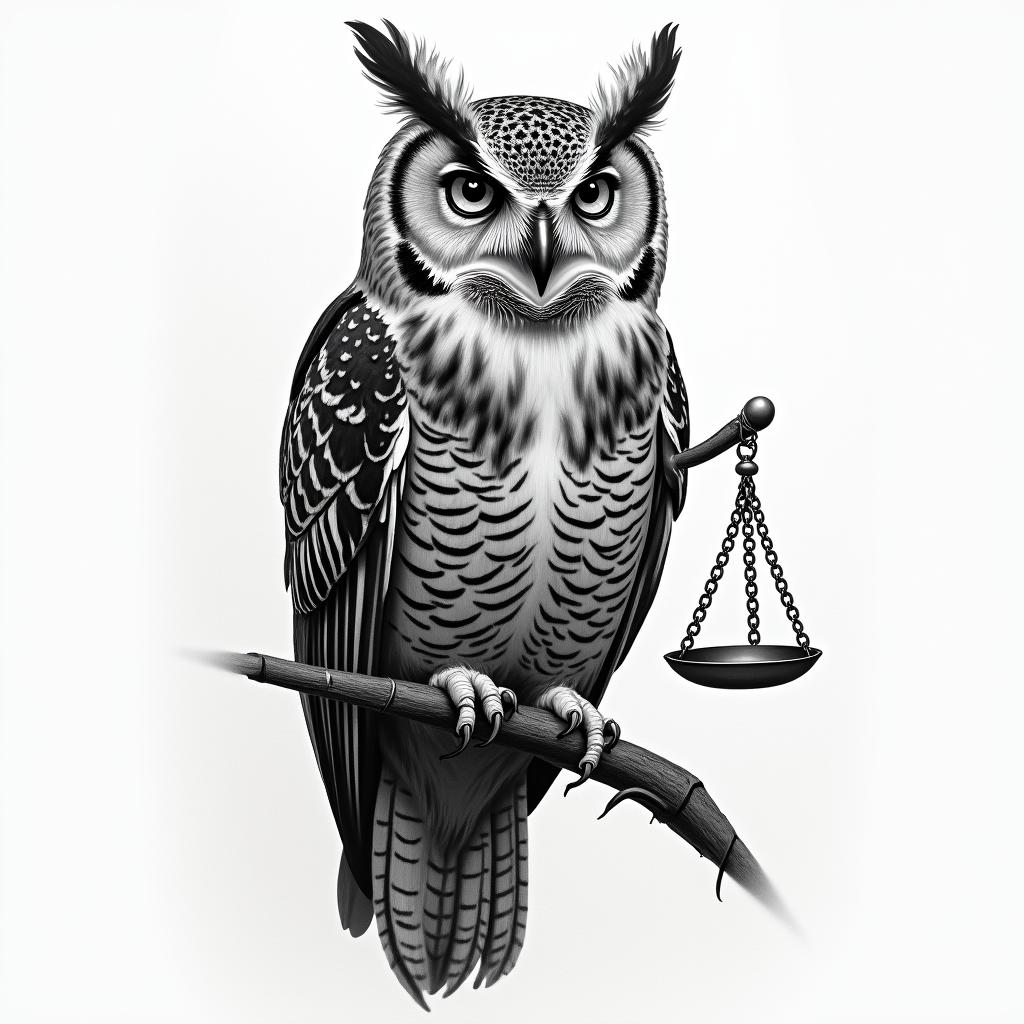 A realistic tattoo depicting a wise owl symbolizing wisdom, intertwined with elements representing justice, such as scales or a gavel, reflecting a defense attorney's victories in oral homicide trials.higly detailed tattoo - Variation 4