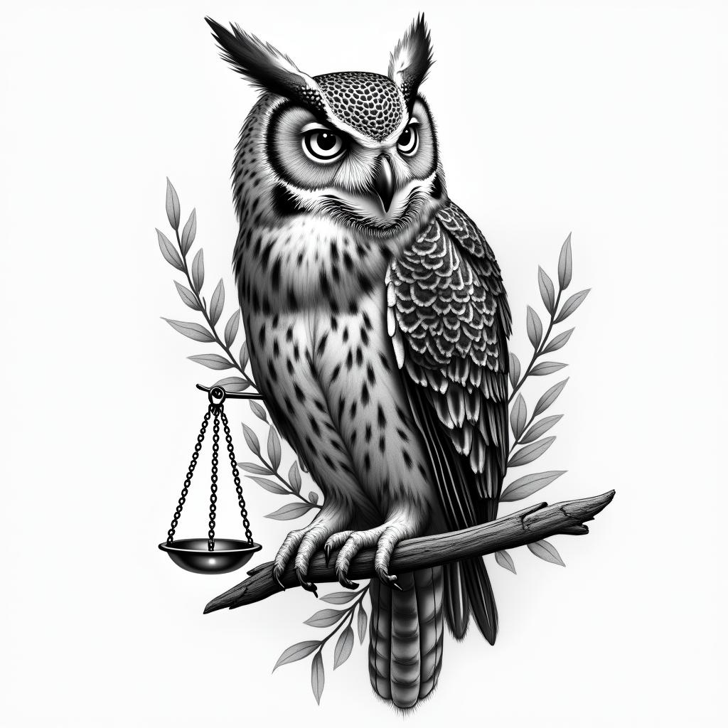 A realistic tattoo depicting a wise owl symbolizing wisdom, intertwined with elements representing justice, such as scales or a gavel, reflecting a defense attorney's victories in oral homicide trials.higly detailed tattoo