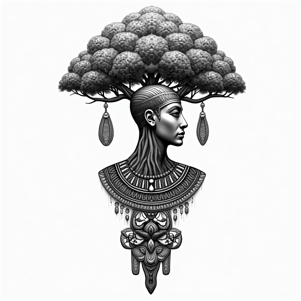 At tree of life like home tree from avatarin egyptian style tattoo, bold elements of ancient egyptian culture including a portrait of an Egyptian pharaoh with detailed facial features, in hieroglyphs and symbolic imagery, eye of horus, ankh symbol, scarab beetle - Variation 3