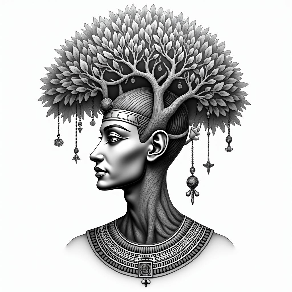 At tree of life like home tree from avatarin egyptian style tattoo, bold elements of ancient egyptian culture including a portrait of an Egyptian pharaoh with detailed facial features, in hieroglyphs and symbolic imagery, eye of horus, ankh symbol, scarab beetle
