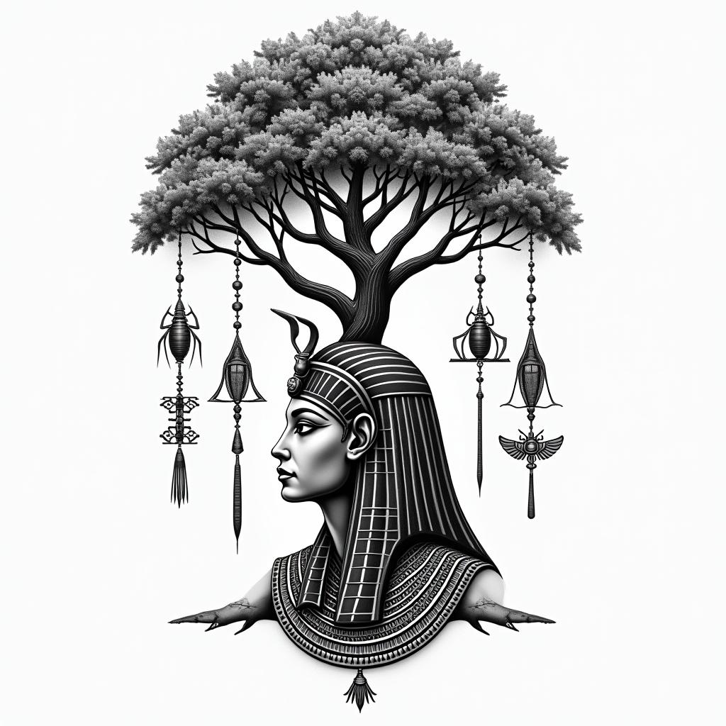 At tree of life like home tree from avatarin egyptian style tattoo, bold elements of ancient egyptian culture including a portrait of an Egyptian pharaoh with detailed facial features, in hieroglyphs and symbolic imagery, eye of horus, ankh symbol, scarab beetle - Variation 4
