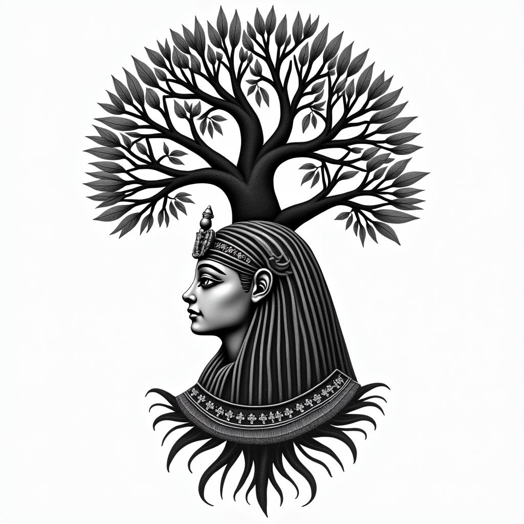 At tree of life like home tree from avatarin egyptian style tattoo, bold elements of ancient egyptian culture including a portrait of an Egyptian pharaoh with detailed facial features, in hieroglyphs and symbolic imagery, eye of horus, ankh symbol, scarab beetle - Variation 2