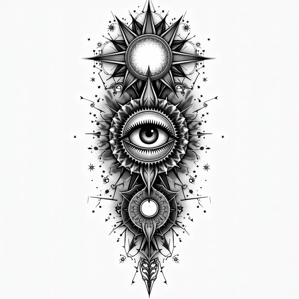 Geoffrey, Scorpio, Newark New Jerseyin prophecy tattoo style, featuring mystical symbols, celestial imagery like stars, moons, suns, geometric patterns, foretelling elements, an eye of wisdom - Variation 3