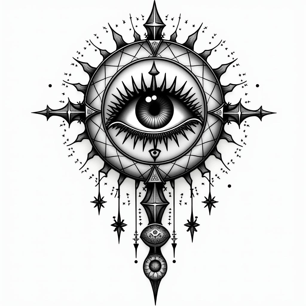 Geoffrey, Scorpio, Newark New Jerseyin prophecy tattoo style, featuring mystical symbols, celestial imagery like stars, moons, suns, geometric patterns, foretelling elements, an eye of wisdom