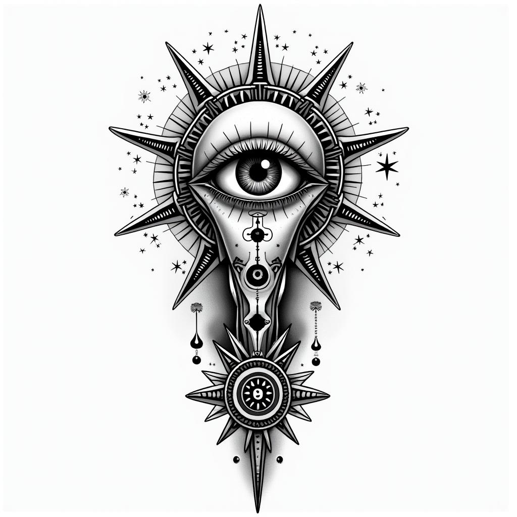 Geoffrey, Scorpio, Newark New Jerseyin prophecy tattoo style, featuring mystical symbols, celestial imagery like stars, moons, suns, geometric patterns, foretelling elements, an eye of wisdom - Variation 2