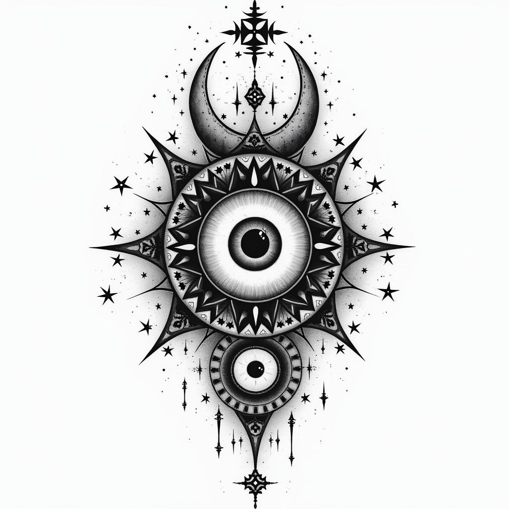 Geoffrey, Scorpio, Newark New Jerseyin prophecy tattoo style, featuring mystical symbols, celestial imagery like stars, moons, suns, geometric patterns, foretelling elements, an eye of wisdom - Variation 4