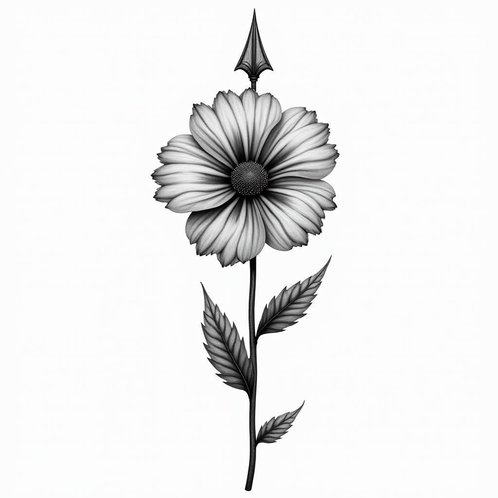 flower with arrow as a stemin realism tattoo style, featuring a highly detailed, lifelike, capturing every detail, photorealistic, ultra realistic, intricate shading, smooth and sharp,   - Variation 4