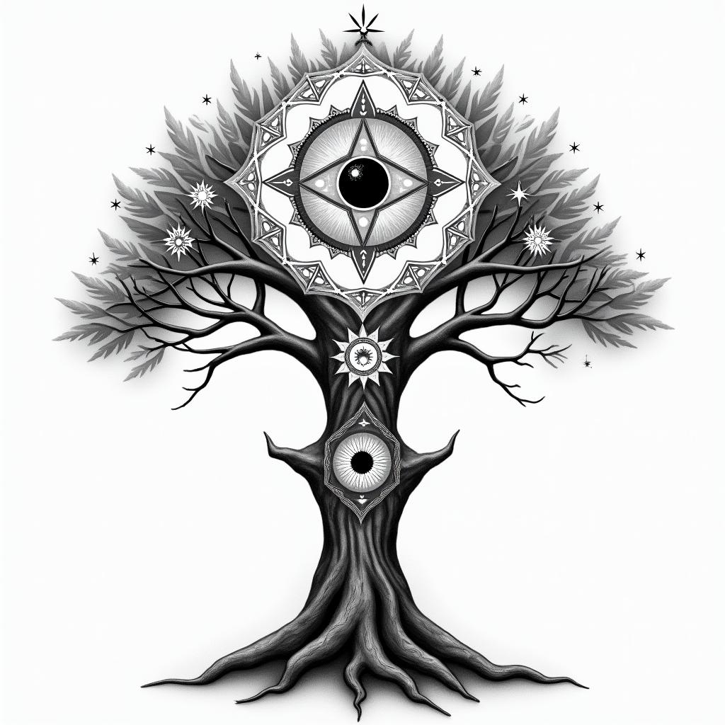 At tree of life like home tree from avatarin prophecy tattoo style, featuring mystical symbols, celestial imagery like stars, moons, suns, geometric patterns, foretelling elements, an eye of wisdom - Variation 4