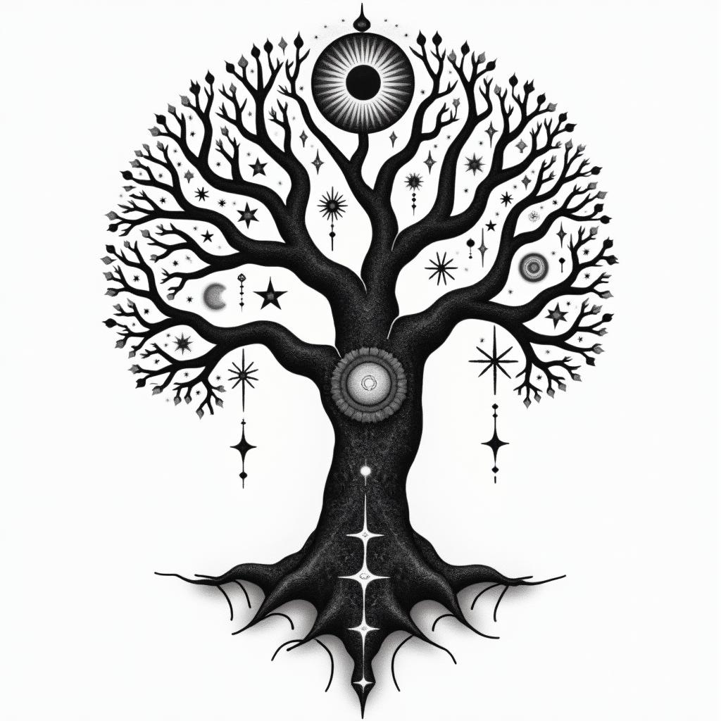 At tree of life like home tree from avatarin prophecy tattoo style, featuring mystical symbols, celestial imagery like stars, moons, suns, geometric patterns, foretelling elements, an eye of wisdom - Variation 3