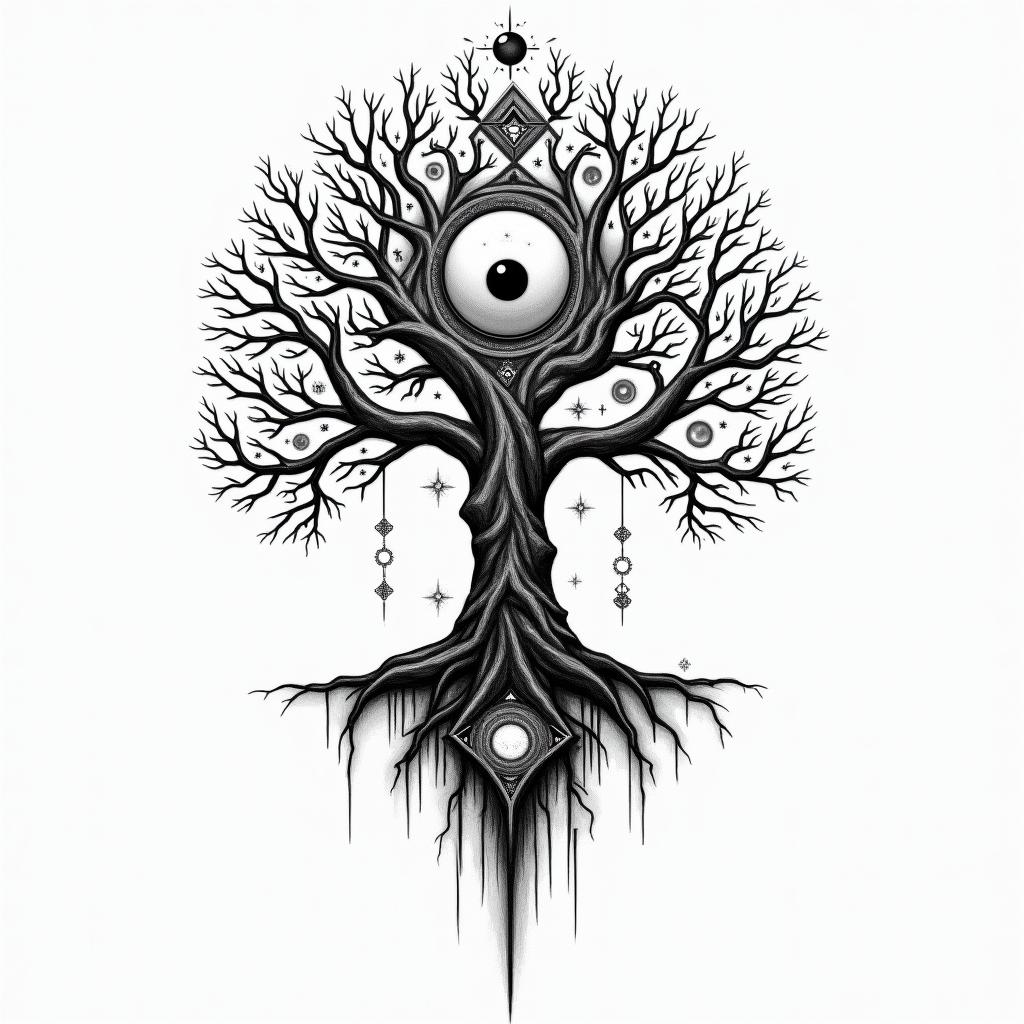 At tree of life like home tree from avatarin prophecy tattoo style, featuring mystical symbols, celestial imagery like stars, moons, suns, geometric patterns, foretelling elements, an eye of wisdom