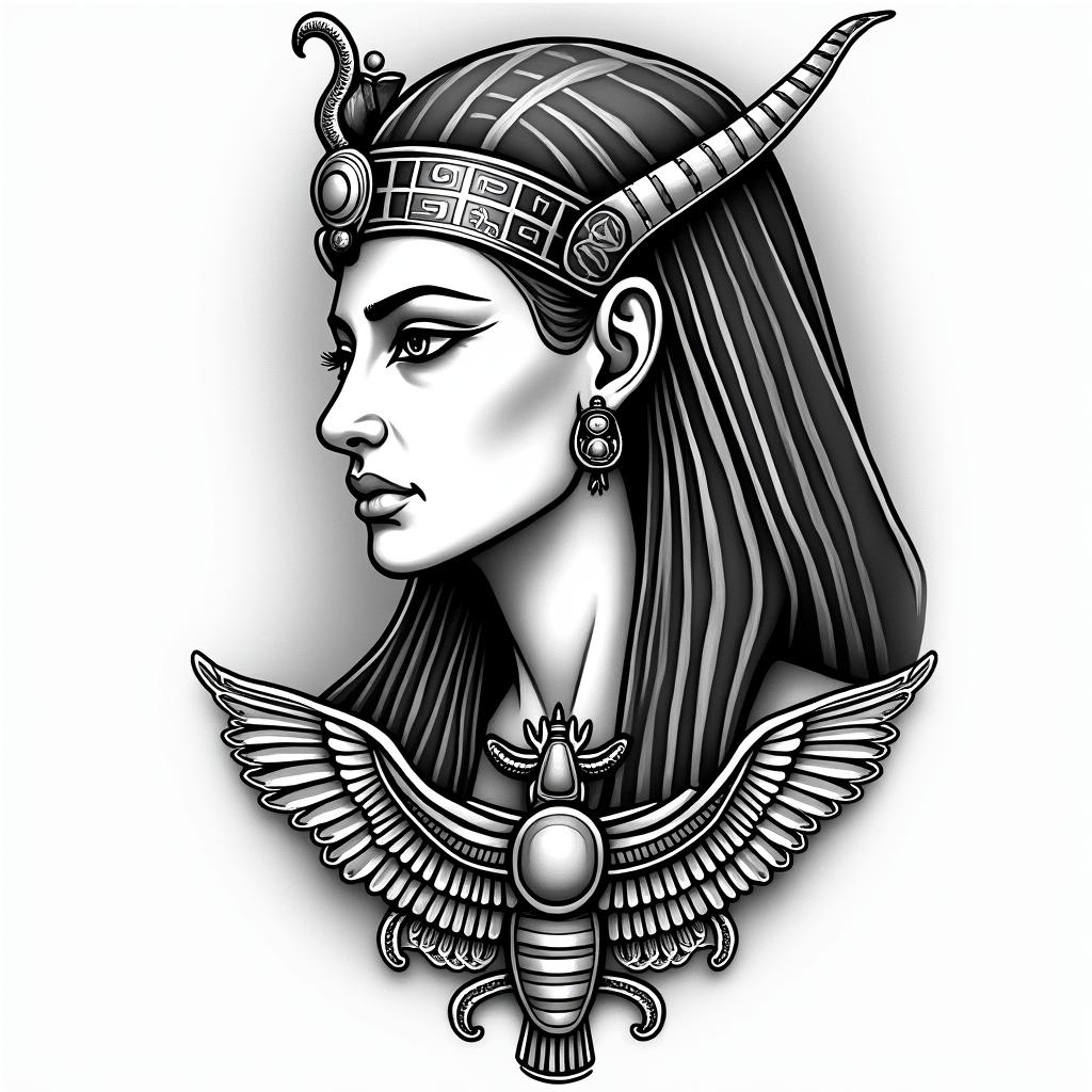 Cleopatrain egyptian style tattoo, bold elements of ancient egyptian culture including a portrait of an Egyptian pharaoh with detailed facial features, in hieroglyphs and symbolic imagery, eye of horus, ankh symbol, scarab beetle - Variation 4
