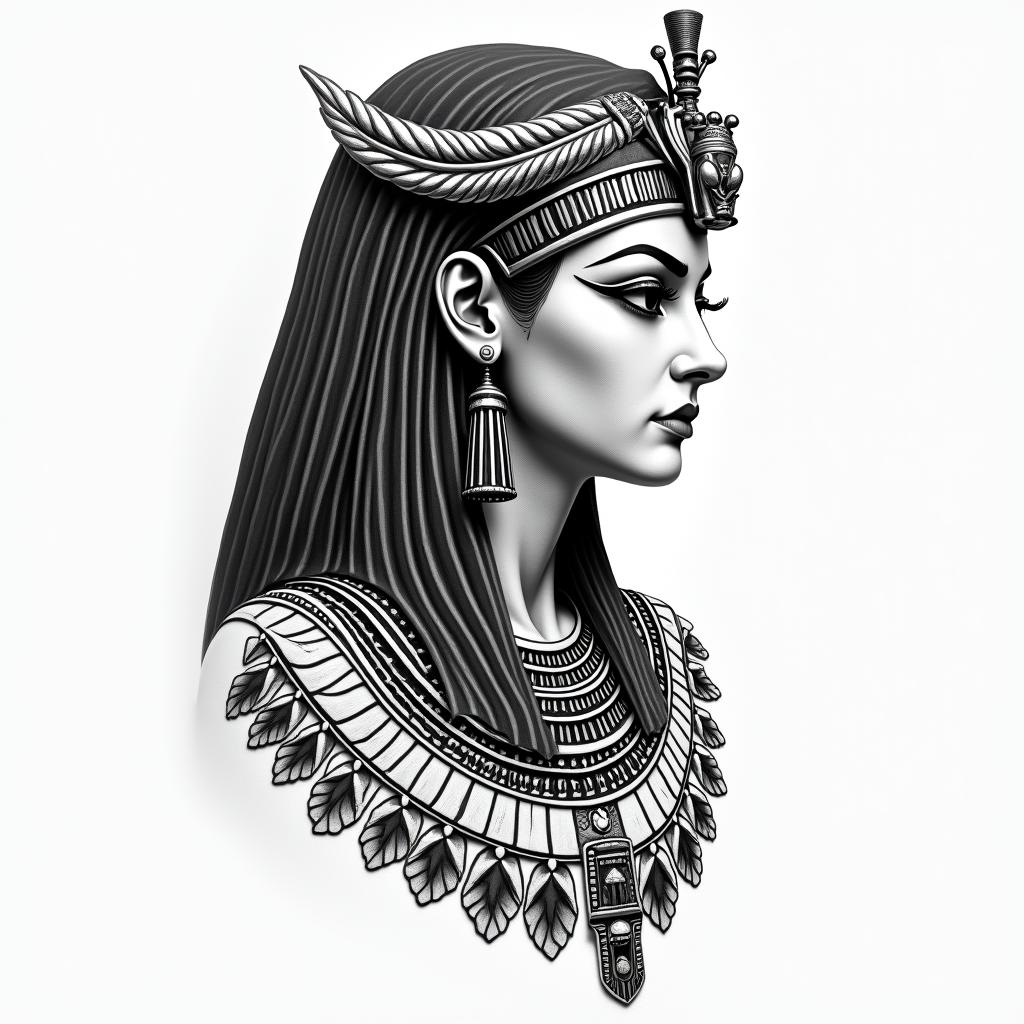 Cleopatrain egyptian style tattoo, bold elements of ancient egyptian culture including a portrait of an Egyptian pharaoh with detailed facial features, in hieroglyphs and symbolic imagery, eye of horus, ankh symbol, scarab beetle