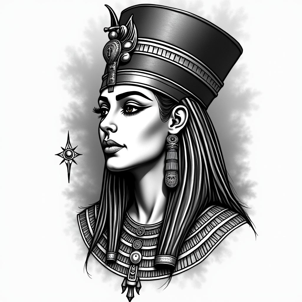 Cleopatrain egyptian style tattoo, bold elements of ancient egyptian culture including a portrait of an Egyptian pharaoh with detailed facial features, in hieroglyphs and symbolic imagery, eye of horus, ankh symbol, scarab beetle - Variation 3