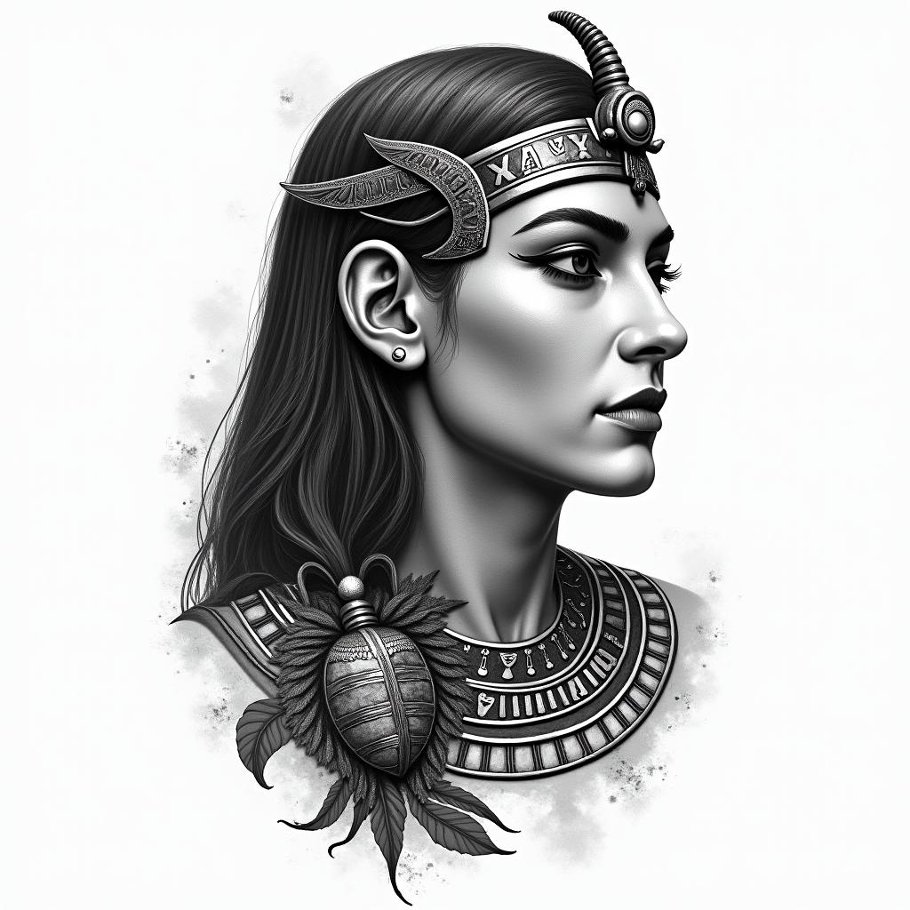 Cleopatrain egyptian style tattoo, bold elements of ancient egyptian culture including a portrait of an Egyptian pharaoh with detailed facial features, in hieroglyphs and symbolic imagery, eye of horus, ankh symbol, scarab beetle - Variation 2