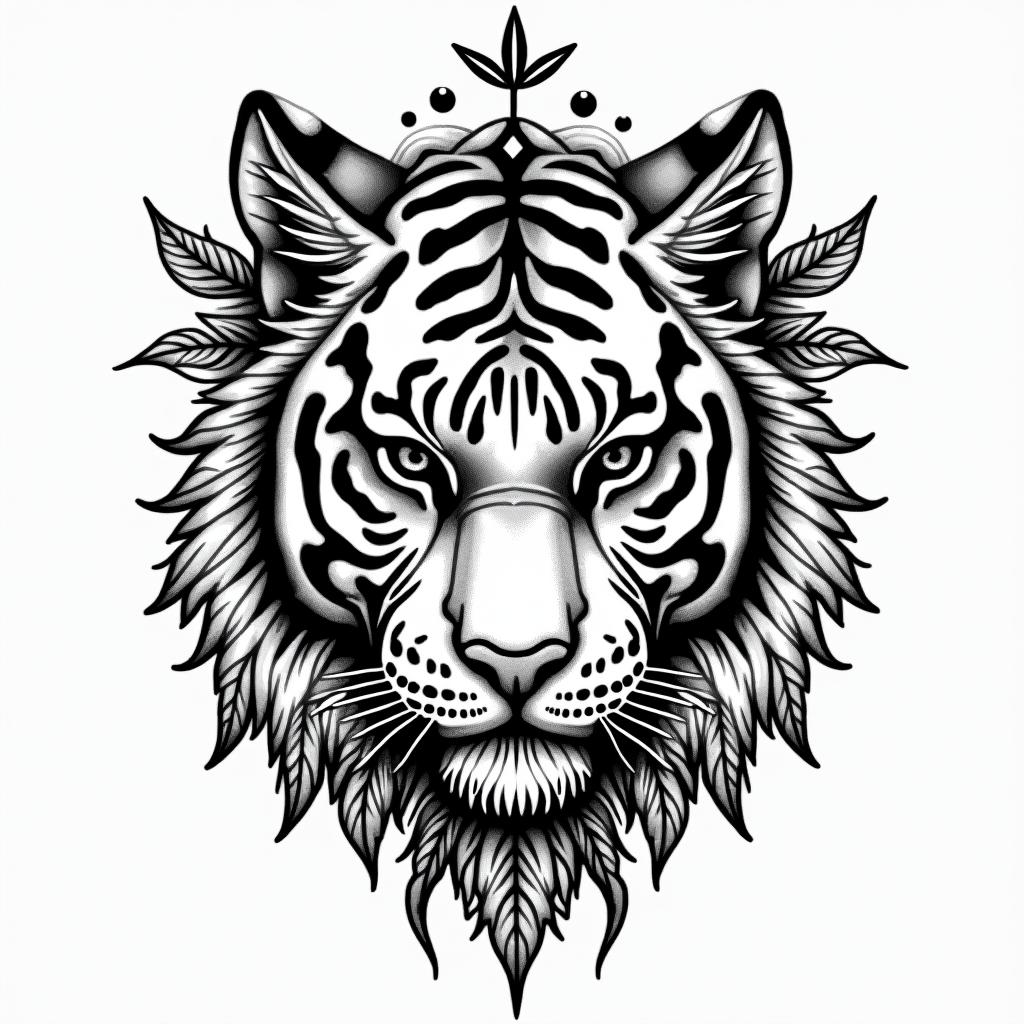 Tiger face with plantsin paganic style tattoo, featuring ancient symbols, add vegvisir symbol, mystical figures, incorporating designs, pentagrams, runes, crescent moons, - Variation 4
