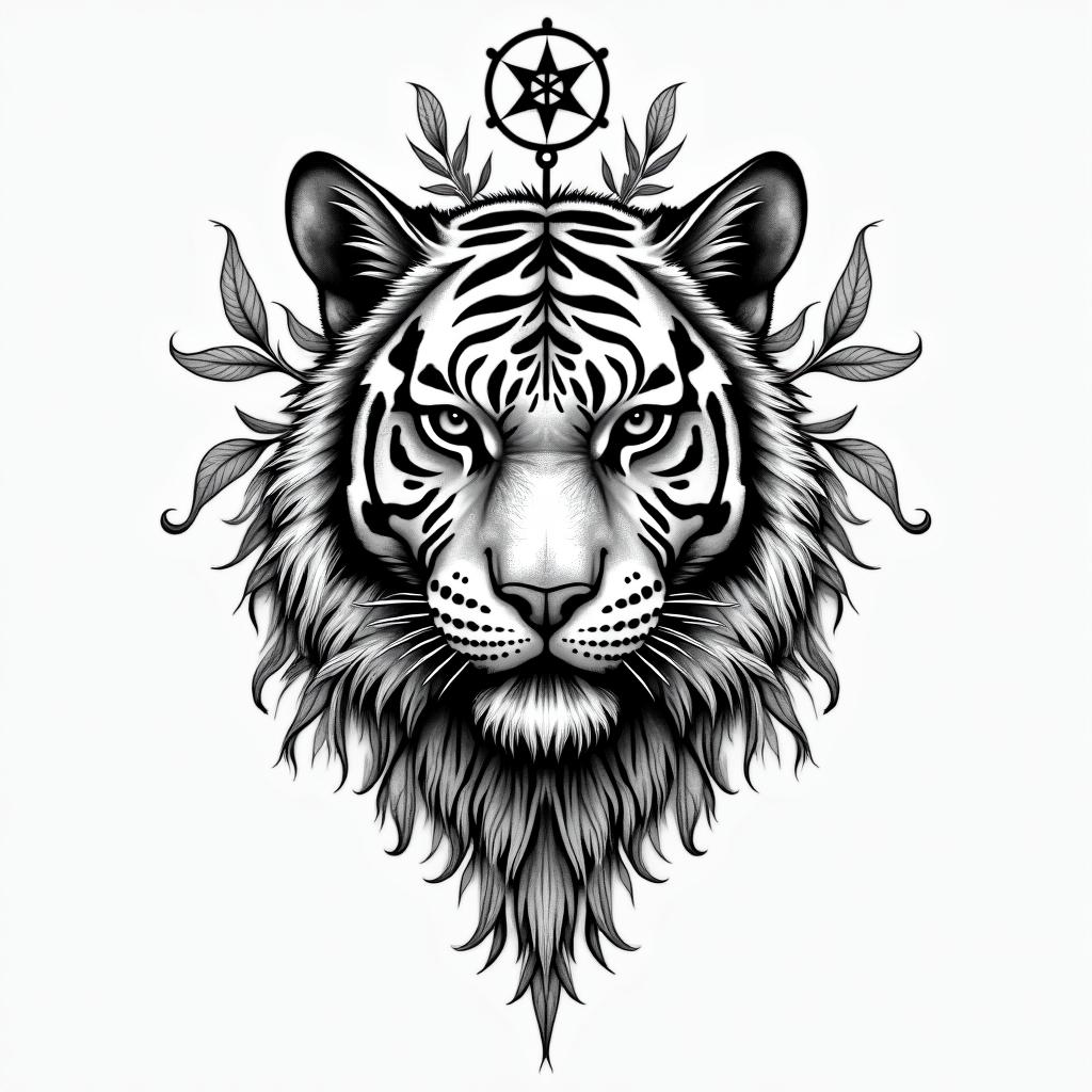 Tiger face with plantsin paganic style tattoo, featuring ancient symbols, add vegvisir symbol, mystical figures, incorporating designs, pentagrams, runes, crescent moons, - Variation 3