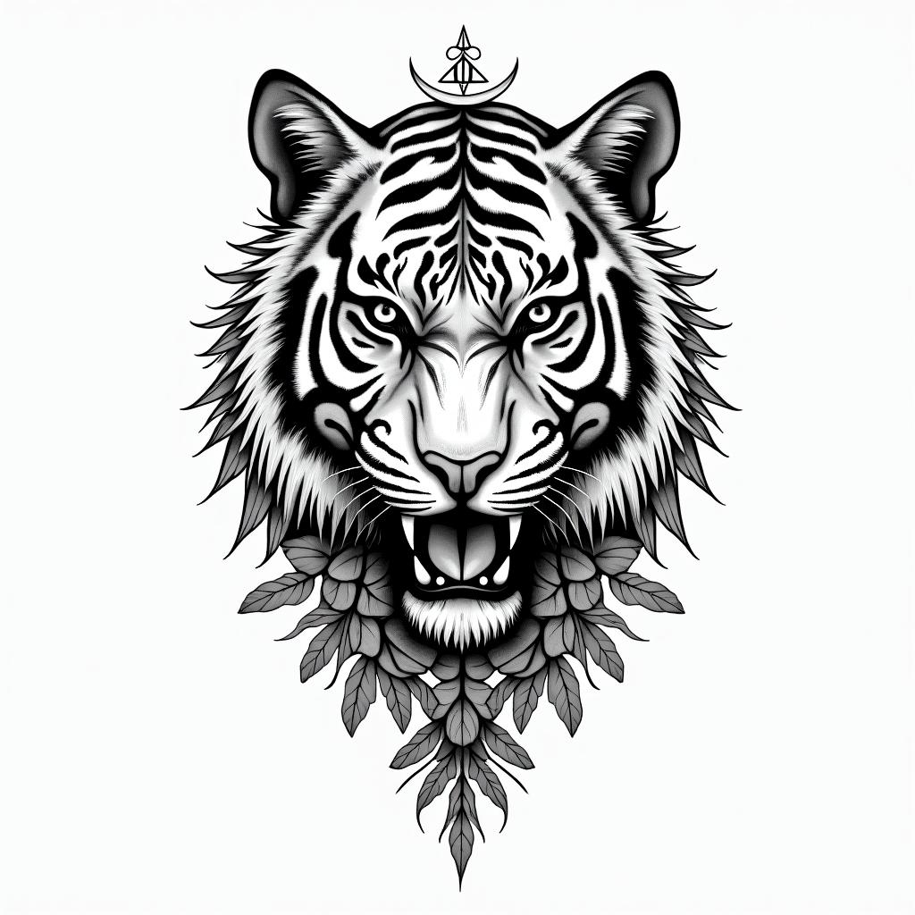 Tiger face with plantsin paganic style tattoo, featuring ancient symbols, add vegvisir symbol, mystical figures, incorporating designs, pentagrams, runes, crescent moons, - Variation 2