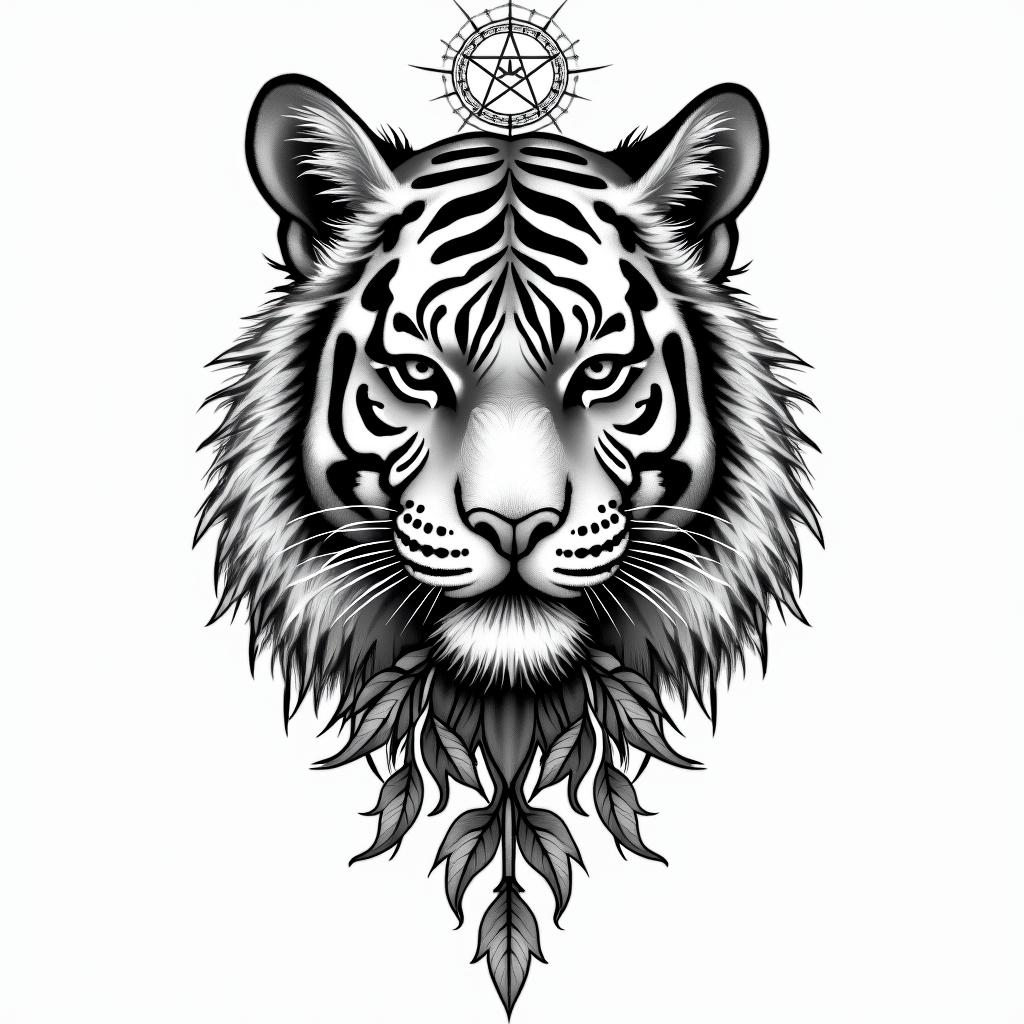 Tiger face with plantsin paganic style tattoo, featuring ancient symbols, add vegvisir symbol, mystical figures, incorporating designs, pentagrams, runes, crescent moons,