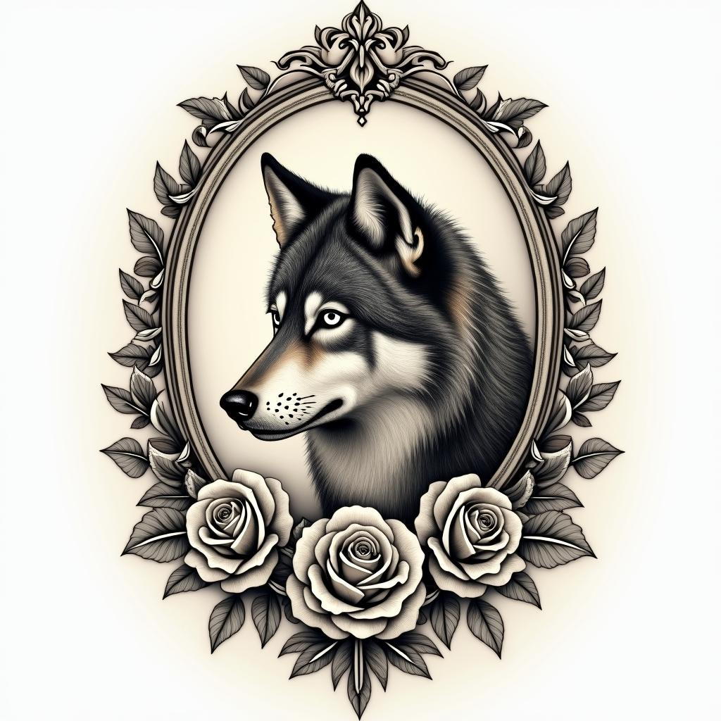 Wolfin victorian style tattoo, featuring vintage and elegant elements, ornate frames, roses, antique, sepia-toned color scheme - Variation 3