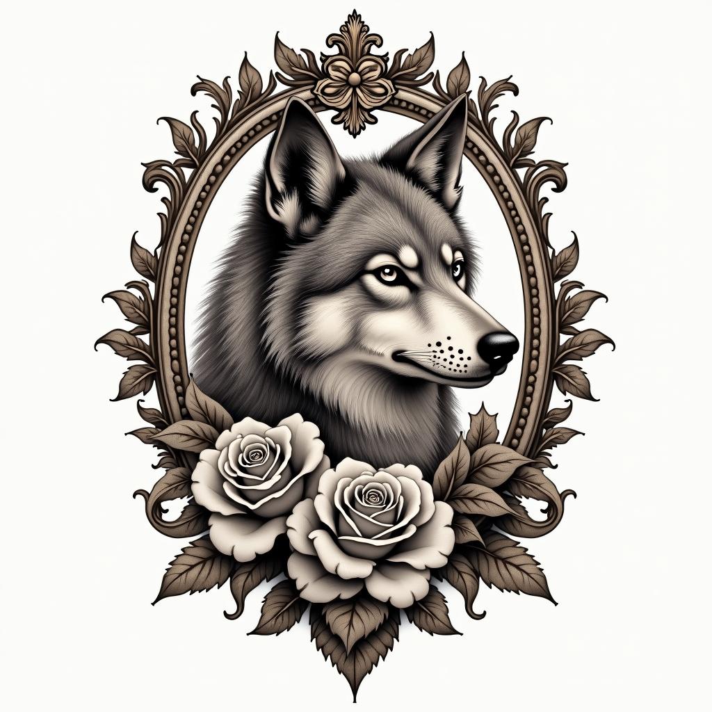Wolfin victorian style tattoo, featuring vintage and elegant elements, ornate frames, roses, antique, sepia-toned color scheme - Variation 4