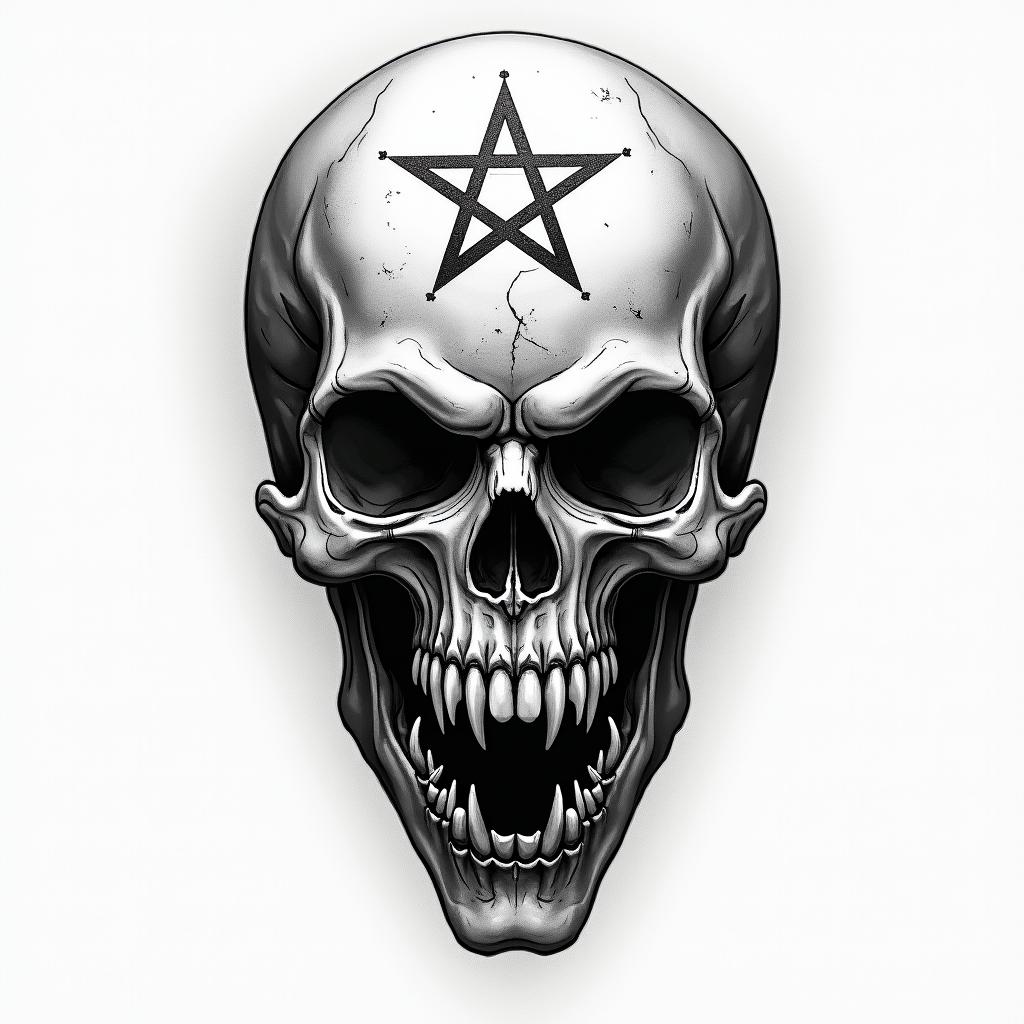 Life and deathcreepy horror tattoo style, featuring an eerie and unsettling skull of a demonic creature, distorted face with sharp fangs, add pentagram symbol - Variation 4