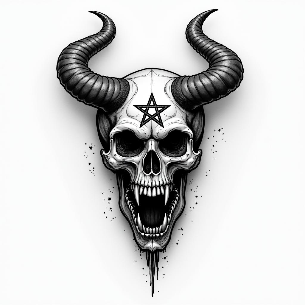 Life and deathcreepy horror tattoo style, featuring an eerie and unsettling skull of a demonic creature, distorted face with sharp fangs, add pentagram symbol - Variation 2