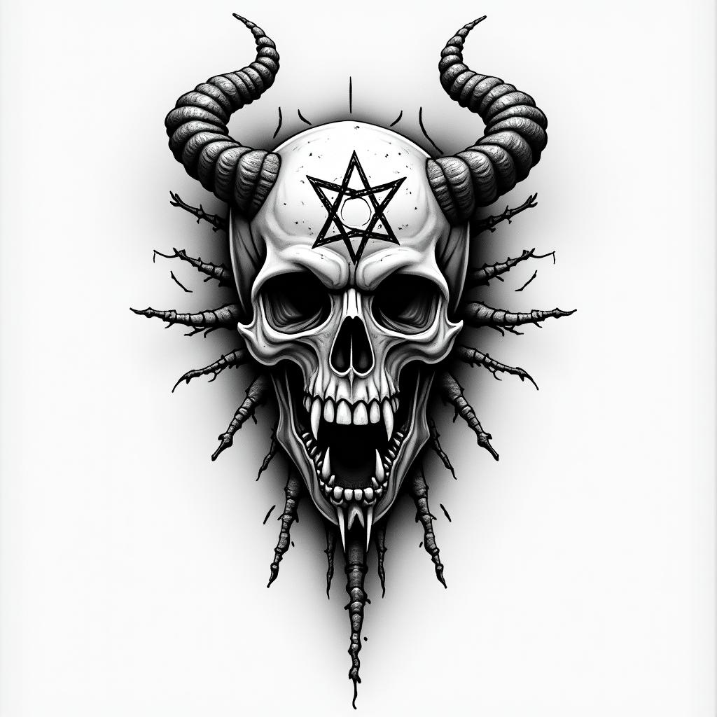 Life and deathcreepy horror tattoo style, featuring an eerie and unsettling skull of a demonic creature, distorted face with sharp fangs, add pentagram symbol - Variation 3