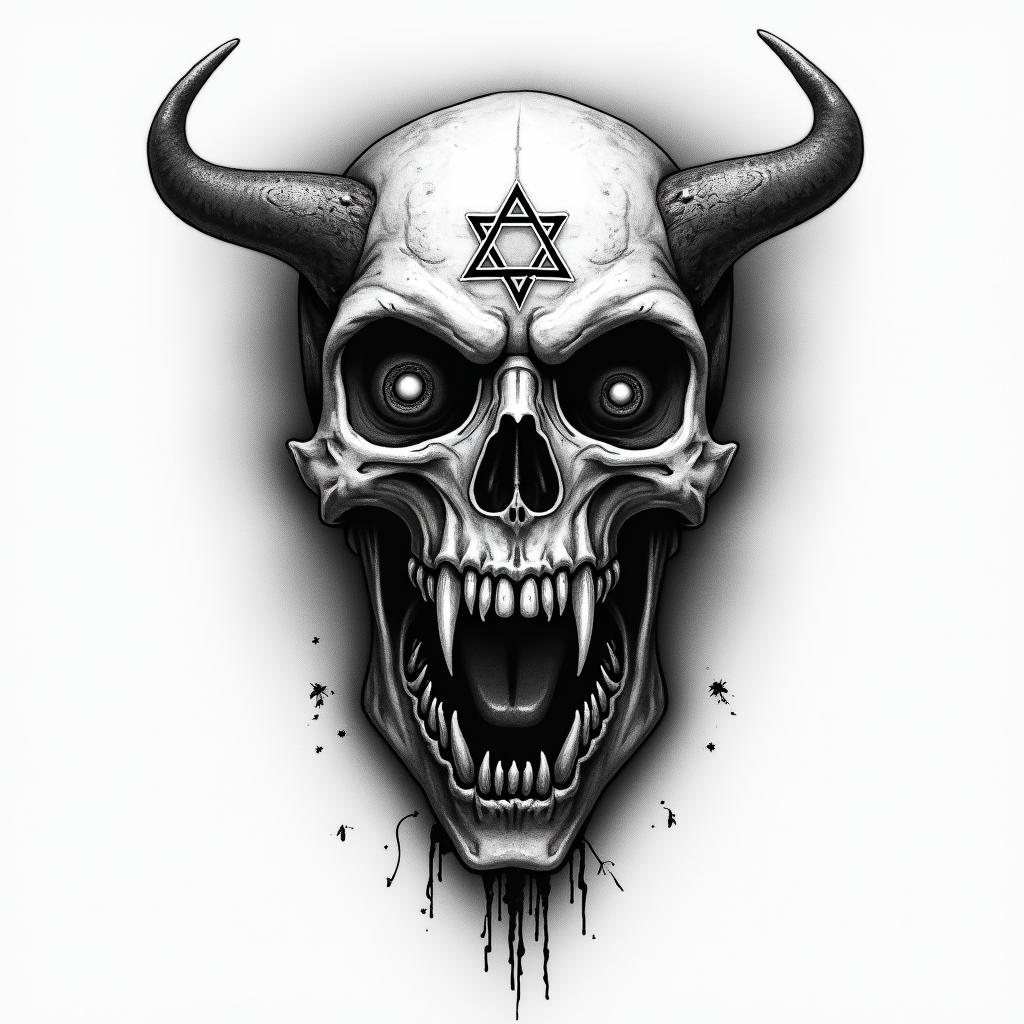 Life and deathcreepy horror tattoo style, featuring an eerie and unsettling skull of a demonic creature, distorted face with sharp fangs, add pentagram symbol