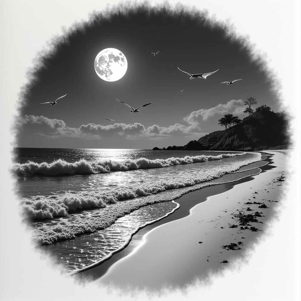 A serene beach scene at night, featuring gentle waves lapping against the shore, seagulls flying gracefully in the moonlight, and a glowing full moon casting a peaceful light over the sand. Include subtle elements that signify happiness and safety, evoking memories of cherished days spent with a grandfather and reflecting the phrase “Build a bigger bike not a bigger wall.”higly detailed tattoo - Variation 3