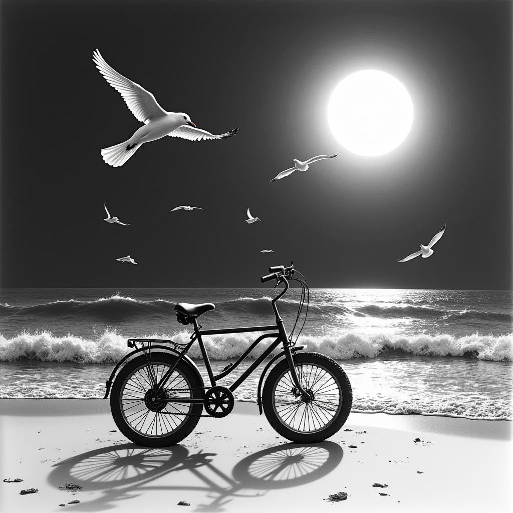 A serene beach scene at night, featuring gentle waves lapping against the shore, seagulls flying gracefully in the moonlight, and a glowing full moon casting a peaceful light over the sand. Include subtle elements that signify happiness and safety, evoking memories of cherished days spent with a grandfather and reflecting the phrase “Build a bigger bike not a bigger wall.”higly detailed tattoo - Variation 2