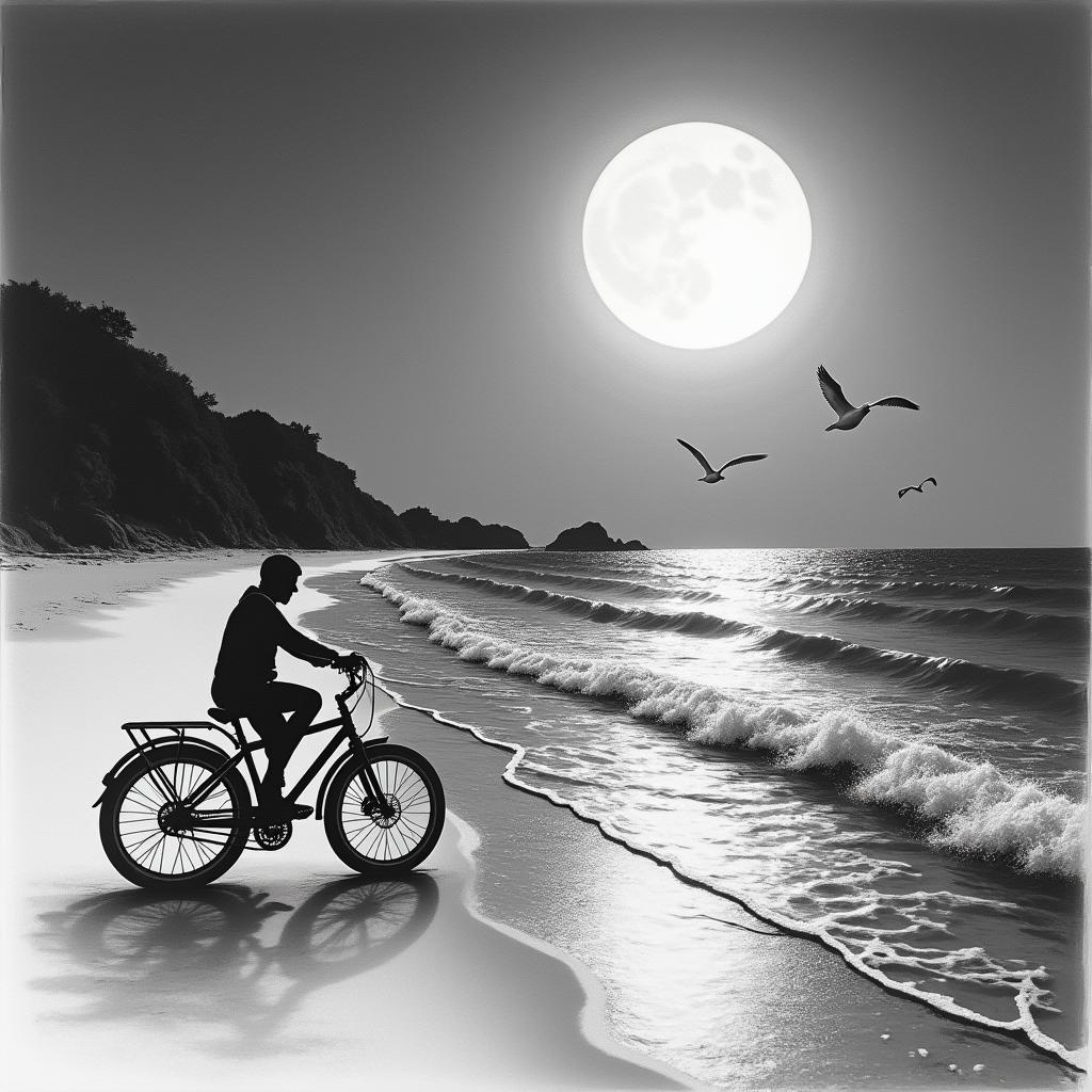 A serene beach scene at night, featuring gentle waves lapping against the shore, seagulls flying gracefully in the moonlight, and a glowing full moon casting a peaceful light over the sand. Include subtle elements that signify happiness and safety, evoking memories of cherished days spent with a grandfather and reflecting the phrase “Build a bigger bike not a bigger wall.”higly detailed tattoo