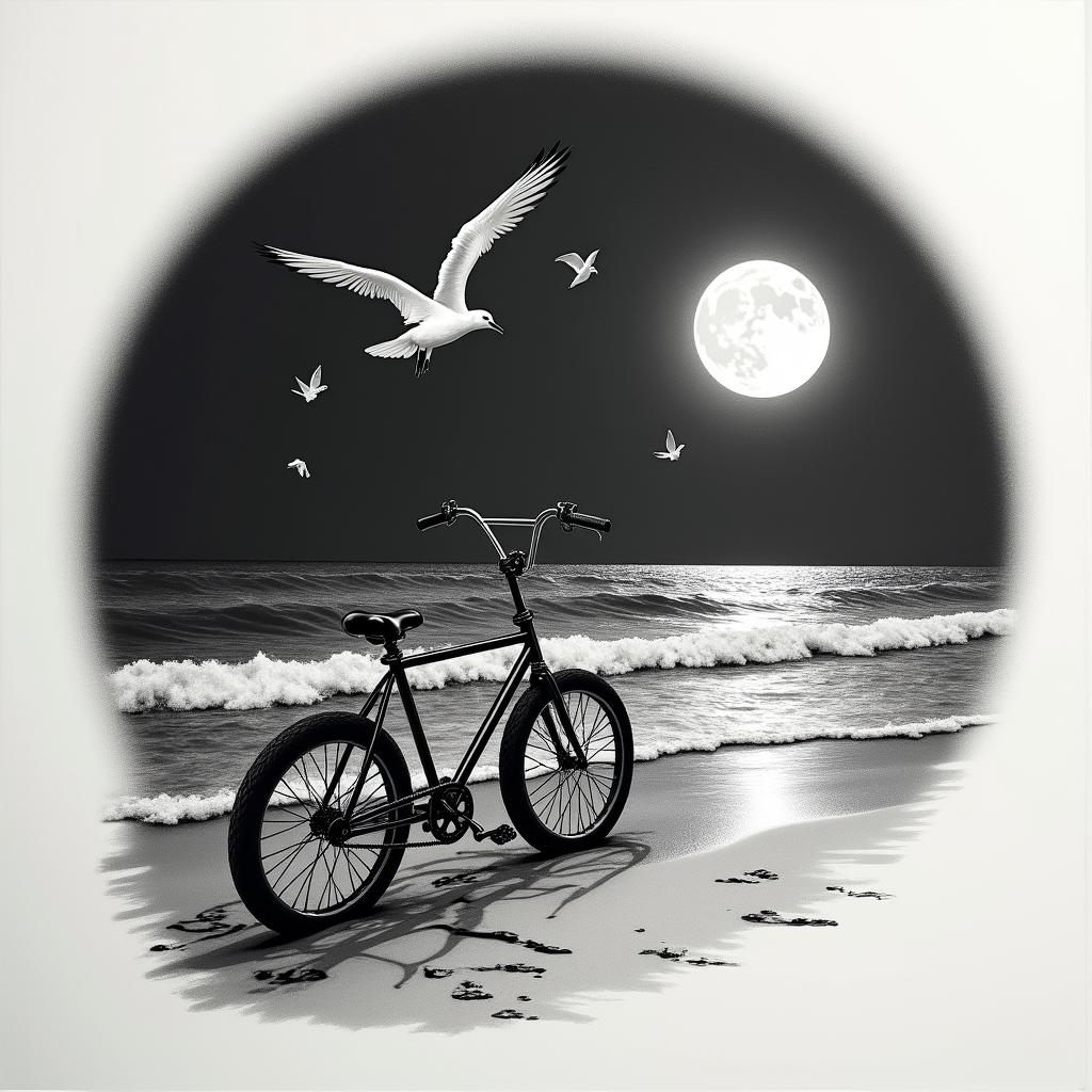 A serene beach scene at night, featuring gentle waves lapping against the shore, seagulls flying gracefully in the moonlight, and a glowing full moon casting a peaceful light over the sand. Include subtle elements that signify happiness and safety, evoking memories of cherished days spent with a grandfather and reflecting the phrase “Build a bigger bike not a bigger wall.”higly detailed tattoo - Variation 4